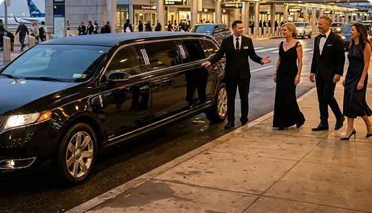 A professional chauffeur in a black suit gestures toward an open door of a sleek black stretch limousine parked at an airport curb. Three well-dressed passengers in formal attire smile as they walk along the sidewalk toward the waiting vehicle.