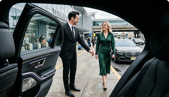 A chauffeur in a black suit checks his phone beside a black luxury sedan parked at a Newark Liberty terminal curb.