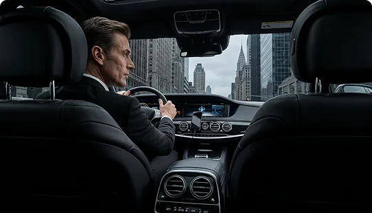 Interior view from the back seat of a luxury vehicle, showing a chauffeur in a suit focused on driving. The car travels through a high-rise city avenue with prominent skyscrapers visible through the front windshield.