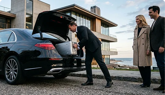 A professional chauffeur in a suit bends down to load a silver suitcase into the open trunk of a black luxury sedan. A couple in chic outerwear stands on a paved driveway outside a modern coastal home overlooking the ocean.