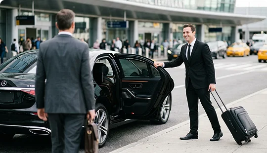 A smiling chauffeur in a suit holds open the door of a black luxury sedan while wheeling a black suitcase. A businessman carrying a leather bag approaches the vehicle outside a busy airport terminal pickup area..