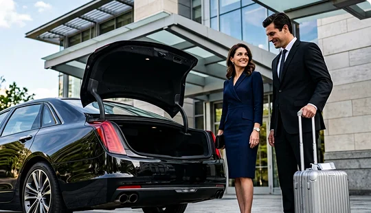 A smiling chauffeur in a suit handles a silver suitcase next to the open trunk of a black luxury car. A businesswoman in a navy dress looks on outside a modern building entrance..
