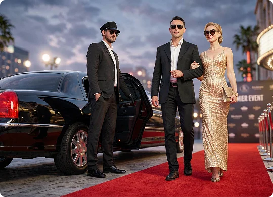 A chauffeur wearing a cap and sunglasses stands by the open door of a black luxury limousine. A glamorous couple in a suit and a sparkling gold gown link arms while walking down a red carpet at dusk.