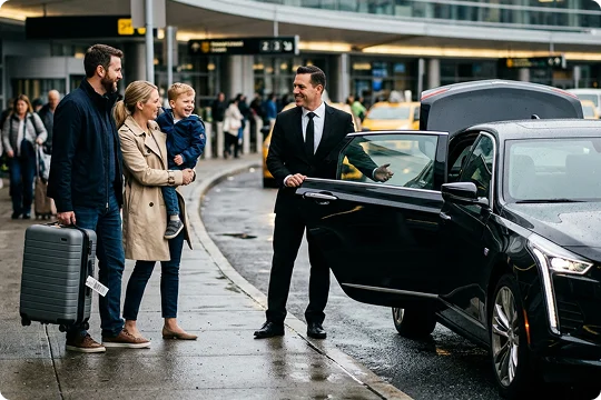 A professional chauffeur in a suit holds open the door of a luxury car with an open trunk for a family. Smiling parents with a young child and luggage stand on the sidewalk outside an airport terminal.