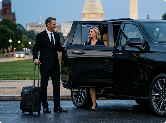 A smiling chauffeur in a suit holds open the door of a black luxury SUV while holding a black suitcase. A blonde businesswoman steps out of the car with iconic government buildings visible in the background at dusk.