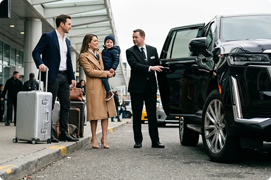 A chauffeur in a suit holds open the door of a black luxury SUV for a family with suitcases.A mother holding a young child and a father with a rolling silver suitcase stand on the airport terminal curb.