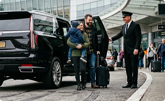 A uniformed chauffeur in a peaked cap holds open the door of a black luxury SUV for a family. A mother carrying a young child and a father with a suitcase walk toward the car outside an airport terminal.
