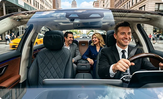 Interior view of a luxury car with a smiling chauffeur in a suit driving through busy city streets.Two business passengers in the rear seats laugh and converse during a ride past tall buildings and yellow taxis.