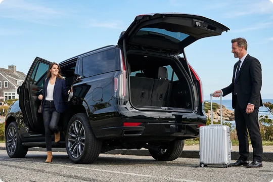 A professional chauffeur in a suit handles a silver rolling suitcase near the open tailgate of a black luxury SUV. A woman in a blazer steps out of the front passenger door along a scenic coastal road.