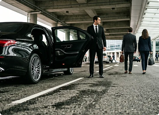 A professional chauffeur in a suit stands beside a black luxury sedan with an open rear door.Two business executives carrying bags walk away along a covered airport passenger pickup lane.
