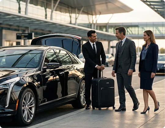 A professional chauffeur in a black suit smiles while handling a rolling suitcase near the open trunk of a black luxury sedan. Two business professionals in formal attire walk toward the vehicle at an outdoor airport drop-off area.