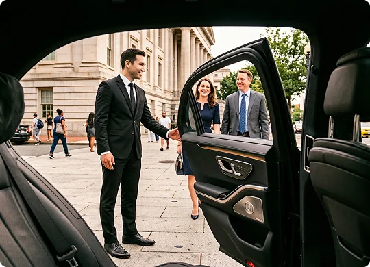 A smiling chauffeur in a suit holds open the rear door of a luxury car for a professional man and woman approaching the vehicle. The view from inside the car frames the passengers and chauffeur standing on a paved city sidewalk in front of a classical building.