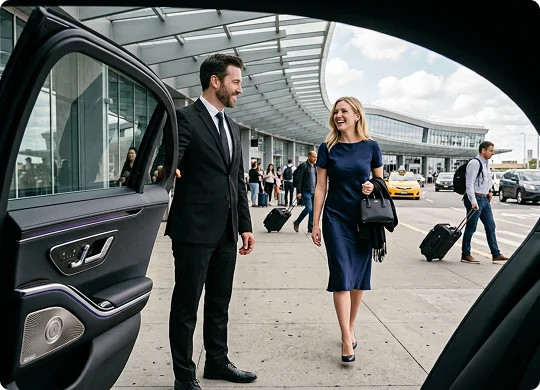 A smiling chauffeur in a suit holds open the rear door of a black luxury vehicle for a businesswoman in a navy dress. The perspective is framed from inside the car looking out toward the sidewalk of a modern airport terminal.