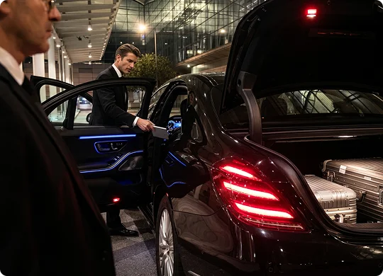 A chauffeur in a suit reaches into the open door of a luxury sedan at night with ambient interior lighting. The open trunk of the vehicle is loaded with silver metallic suitcases outside a modern terminal entrance.