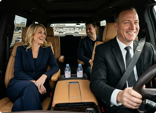 A smiling chauffeur in a suit drives a luxury vehicle with a tan leather interior while seated next to two passengers. A smiling businesswoman sits in the passenger seat beside him while a male passenger sits in the back row
