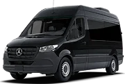 Modern black Sprinter van shown from side-front under soft lighting.