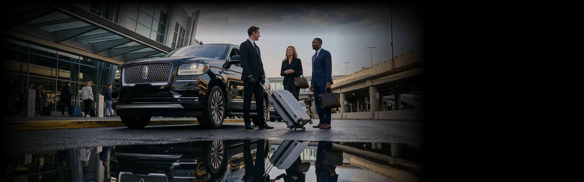 A professional chauffeur handling luggage for two business passengers beside a black luxury SUV. The group is gathered outside a modern airport terminal.
