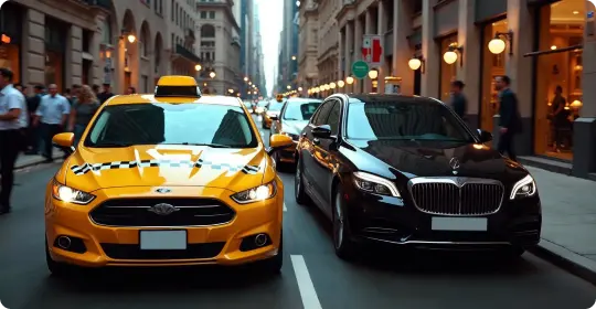 A yellow cab and a luxury black sedan cruise side by side through a bustling city street lit with warm storefront glows.