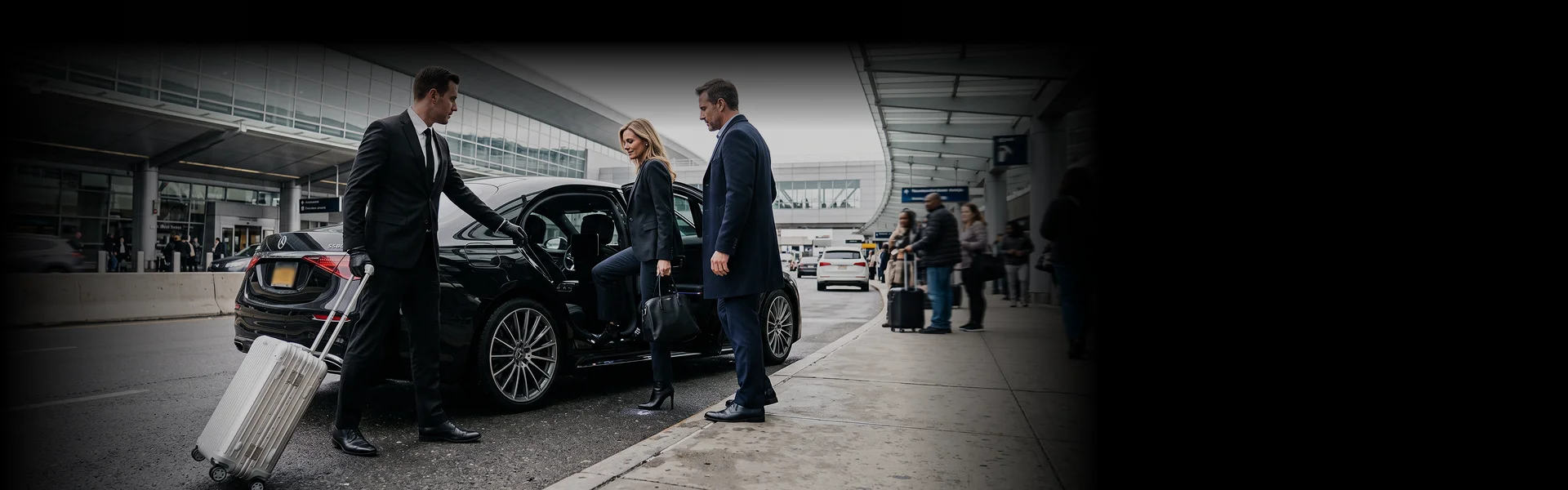 A chauffeur in a suit holding open the door of a black luxury sedan while pulling luggage.A businesswoman steps into the car accompanied by a male companion along an airport pickup curb.