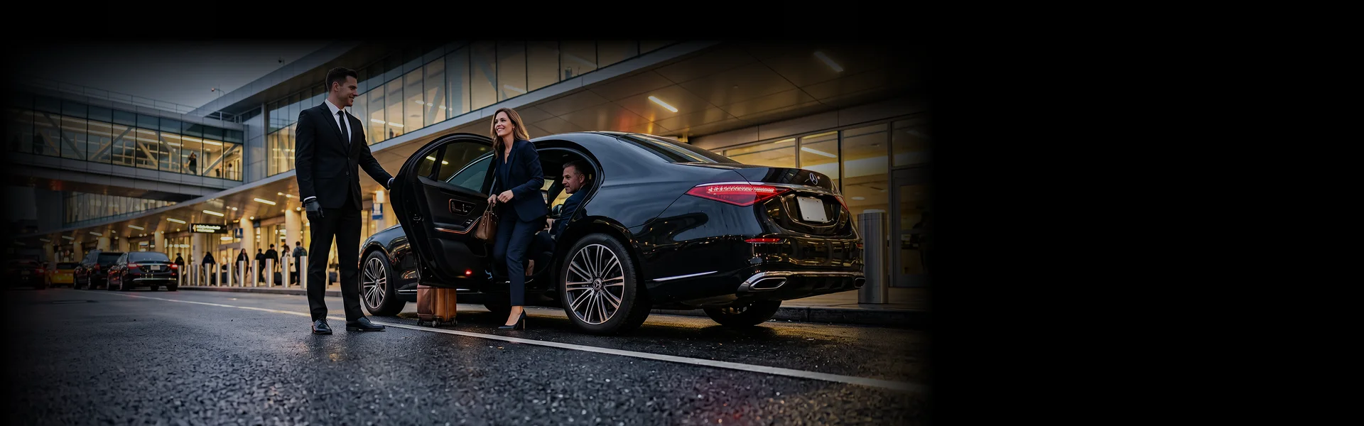 A professional chauffeur in gloves opens the door of a black luxury sedan for a woman.The passenger steps out of the car outside a modern airport terminal.