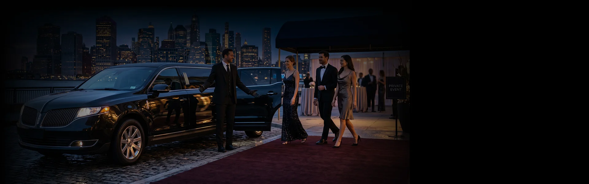 A chauffeur in a suit opens the door of a sleek black luxury limousine parked along a red carpet at night. Well-dressed passengers in formal evening wear walk toward the vehicle with a lit-up city skyline in the background.