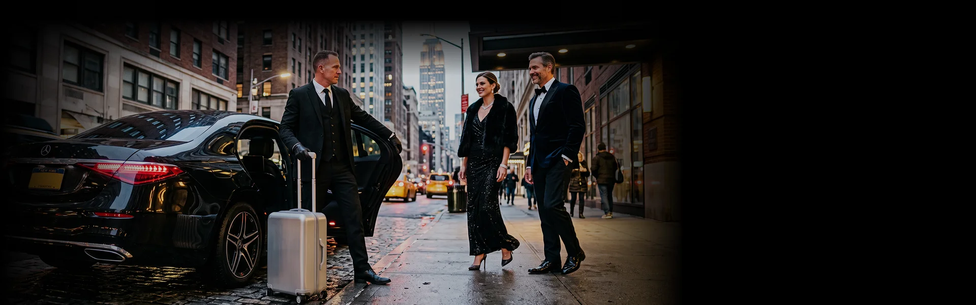 A gloved chauffeur opening the door of a black luxury sedan for a couple in evening attire.A silver suitcase stands on the city sidewalk at night beside an interactive car service booking form.