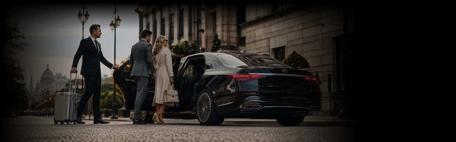 A chauffeur in a suit is wheeling a silver suitcase while holding open the door of a black luxury sedan. An elegantly dressed couple enters the car along a city street at twilight.
